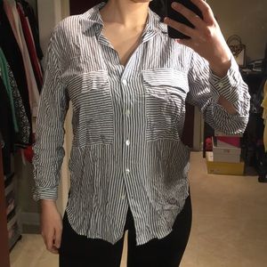 White and Navy Striped Button Down Blouse🤍